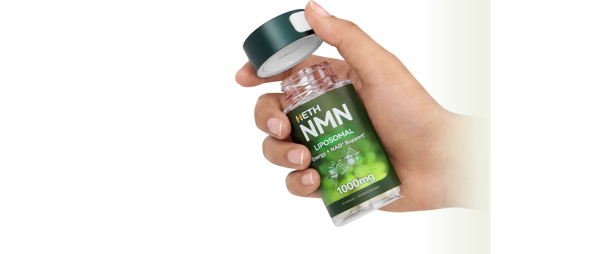 HETH NMN Liposomal 1000mg bottle held in hand