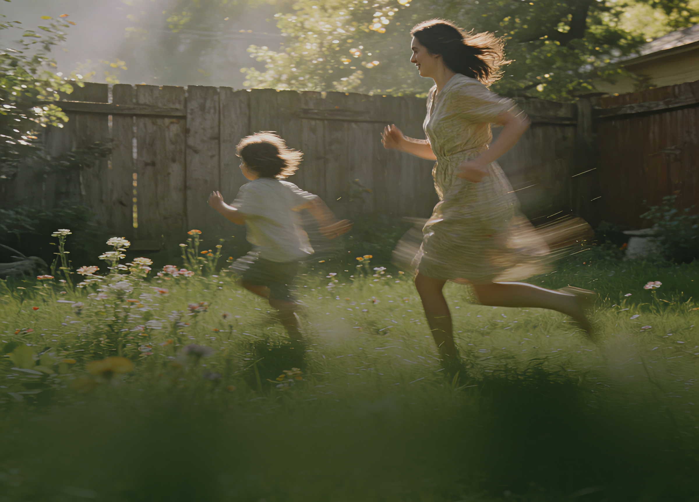 Mother and child running joyfully outdoors representing energy and vitality
