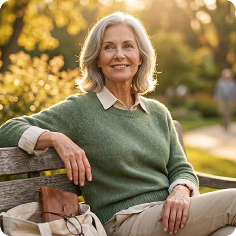 Older woman smiling on a bench